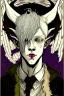 Placeholder: Emo, albino, teen, goat horned, satyr, alchemist, with goat horns on his head, in the style of Harry Clarke