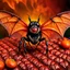 Placeholder: A national geographic award skin color patterned like a poisinous incect or reptile, horrorcore, science gone crazy, winning photograph of of a bat spider housefly hybrid in nature and on the hunt, 64k, reds, oranges, and yellows anatomically correct, 3d, organic surrealism, dystopian, photorealisitc, realtime, symmetrical, clean, 4 small compound eyes around two larger compound eyes, surrealism telephoto dynamic lighting 64 megapixels Unreal Engine volumetric lighting VRay