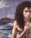 Placeholder: beautiful 12 year old arabic boy with long, curly hair and light blue eyes,shirtless, in front of a boat