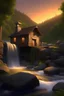 Placeholder: Small house by a waterfall on a sunset evening