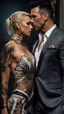 Placeholder: Jason david frank muscular male with short dark hair and tribal tattoos wearing a designer suit, whispering in ear of young blonde woman wearing white dress. fantasy, hyper realistic