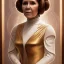 Placeholder: hyperspace background, complete and photo realistic detailed head to waist stunning photo realistic portrait of carrie fisher as Princess Leia in star wars with photo realistic updo hair by Mandy Jurgens and mucha and Richard Schmid and chuck close and chie yoshii, extraordinary and detailed ceremony dress of star wars,brown eyes