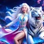 Placeholder: (masterpiece, best quality, 8k, RAW photo, beautiful and aesthetic:1.2), complex detail, Indirect light, photorealistic, (((full body))), 2 Gorgeous Cosmic asian goddess smiling, long curved white hair, blue eyes, Mixed, sci-fi and traditional asian outfit with pink velvet and white furs, riding a white tiger who is running in a colorfull snowy landscape with bokeh