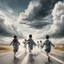 Placeholder: Hyper Realistic Top Back View Of Lots Of Children (Male Female Both Children Wearing Keffiyeh Fabric Whirling) Happily Running On Cloudy Road Towards Heaven On Sky With White Clouds Around ThemAt Cloudy-Day Environment Showing Dramatic & Cinematic Ambiance.