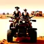 Placeholder: make a picture of 3 poor looking black men in a desert. they are in afghanistan. behind them is a raided village they are holding rifles. they look very very dangerous and have long white beards. they have ak47 rifles. They are sitting on an atv driving to the right