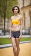 Placeholder: beautiful anorexic young woman, total shot, grey triathlon swimsuit, short brunette wavy bob hair, blurred city background