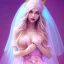 Placeholder: beautiful, soft, smiling face, whole head, long straight blonde hair blues eyes, crown on the head, clothing in transparent bluish and pink veil, background brillante bluish and pink, hight definition, 8K