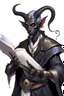 Placeholder: En male black skin tiefling fra dnd holding a book with Arcane Magic simple swirling around them in a silver and White Rope. His horn a perfectly place on acet from the front to the back pointing upwards