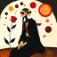 Placeholder: create an abstract surreal gouache painting inspired by Joan Miró, with symbolic shapes suggesting a woman in a robe with braided hair and sunglasses, sitting near a red rose, holding a glass of wine, abstract floating forms and playful cosmic shapes in a golden-red sunset palette --ar 16:9 --v 7 --style 4b --q 2