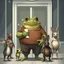 Placeholder: digital illustration from a fat anthropomorphic frog with gray-green skin in human cloths stand front an white-glass modern restorante door with a paper his hand, a lot of creatures stand back to the camera and opposite and looking the frog, some smaller like a pig, larger like a Vizzla body alien, bristled mutant, light-colored tall and squat pig-like creature , a mutant rabbit-like alien, a dark brown anthropomorphic rhinoceros head, sci-fi, fantasy