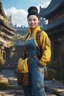 Placeholder: beautiful female, asian, pale skin, unhinged smiling, dark spiky hair with high bun, detailed dark eyes, yellow jacket, travel bag, baggy blue pants, fantasy setting, year 1500, 8k, 3d cgi, unreal engine 6, high detail, intricate, cinematic background