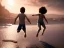 Placeholder: children jumping in the water on a beach capture them against the sun and make an art silhouette, hyper details, real sharp, 8k, cinematic