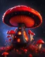 Placeholder: An illogical floating mushroom house on a clear moonless night. . Bright Bold Bright Colors, red orange yellow black, Starry Dark cosmic interstellar. Detailed Matte Painting, deep color, fantastical, intricate detail, splash screen, hyperdetailed, insane depth, concept art, 8k resolution, trending on Artstation, Unreal Engine 5, color depth, backlit, splash art, dramatic, High Quality Whimsical Fun Imaginative Bubbly, perfect composition