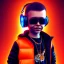 Placeholder: Tiger toddler, smile, cyberpunk headphone, sunglass, gangsta neckless, full body, orange puffer jacket, tokio background, dramatic lighting, hyper realistic, unreal engine 5, 16k