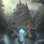 Placeholder: fantasy art, upper body of big mad wizard on very tight stone bridge ,icy water, on the bridge is a wolf, there is also a hawk and everything is seen from the tree tops