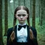 Placeholder: Young elle fanning as Wednesday addams, braids, in tge woods
