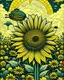 Placeholder: giant sunflower, with beautiful bees flying around, in shephard fairey style graphic, urrounded by golden leaves, sharp detailed graphic, garden background with blue sky and white clouds.