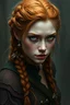 Placeholder: a pretty fantasy woman, young, braided ginger hair, protective, troubled, dark fantasy art
