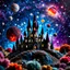 Placeholder: Detailed creepy castle made of felt, stars, galaxy and planets, sun, volumetric light flowers, naïve, strong texture, extreme detail, Max Ernst, decal, rich moody colors, sparkles, Harry Potter, bokeh, odd