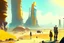 Placeholder: Sunny day, people near the, rocks seeing a distant modern city, sci-fi