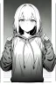 Placeholder: thoughtful girl in a loose sweatshirt, line arts, greyscale