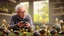 Placeholder: confused older man using cellphone in his kitchen telling the ducks and geese that surround him to "go away"