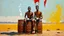 Placeholder: minimalist acrylic impasto painting of two skinny tall young black Somali neighbors sitting on rusty oil barrels drinking steaming coffee, wide angle, dynamic crude brush strokes, dusty yellow heat mood, peaceful vibe, tribal vibe, amazing reflections, amazing verticals, great parallels, warm shades of yellow, orange, green and black with sparse deep red leaks, afrofuturism, vibrant nighthawk people on a black wall, rusty village decay, arafed doors