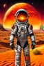 Placeholder: close up portrait of a lonely astronaut stands on an alien desert, the sun setting in vibrant hues of orange and yellow and red. His helmet reflects the light, he gazes at towering structures on the horizon—remnants of a once-great civilization. With every step through the barren sands, the weight of his mission grows heavier. Is he a pioneer, The silence and black shadows around him , surreal, dark sci-fi, utopistic vibe