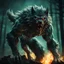 Placeholder: bloodthirsty angry savage werewolf howling at the moon, full muscular body with shreaded cloths, large claws, sharp teeth, detailed shiney fur, glowing angry yellow eyes raged with fury, night forest with gloomy dark teal and green colors, fire sparkle particles, dark tone, sharp focus, high contrast, 8k resolution, shallow depth of field, dramatic lighting, intricate details, clean environment