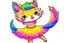 Placeholder: a cute fluffy chibi cat dancer in metallic silky shined colourful dress dynamically dancing and throwing up shiny metallic glitters