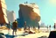 Placeholder: Sunny day, people near the, rocks looking a distant modern city