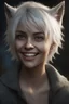 Placeholder: Werewolf, Chiaroscuro lighting, deep shadows, rich deep colors, masterpiece, full body portraits, 8K Ultra-HD, Hyper Realistic, Photorealistic, Realistic, focused, Clear, Extremely Detailed, beautiful, Cinematic, proportionate, full color, an image of a smiling young female Werewolf with short, pixie-cut bleached white hair, tapered on the sides, wearing a pair of blue round lensed glasses, big, gold hoop earrings, big happy smile, a foggy, cloudy blue background