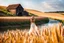 Placeholder: wide angle shot of golden wheat field next to river ,a watermill on river, a beautiful girl in pretty long dress walking in