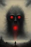 Placeholder: vaporous creature made with electric interferences and two red eyes ; style david caspar Friedrich