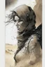 Placeholder: create an ink wash and watercolor, fine art print full body portrait illustration of a rugged gritty, roughly textured, hooded, black clad and dusty Fremen female mercenary with highly detailed feminine facial features, amidst the billowing desert storms of Arrakis, in the comic book art style of Bill Sienkiewicz, and Jean Giraud Moebius, finely textured, drawn, colored, and inked,