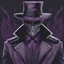 Placeholder: warlock, black mask with ash purple patterns, black trench coat with ash purple patterns, dark, ominous, ash purple, grey background, profile picture, simplistic design, black hat