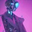 Placeholder: handsome man, cute man, handsome man in futuristic suits, black and white highlight hair color, pink and blue background, pink lighting, deep purple backlighting, smoke, robot suits,ant