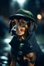 Placeholder: primer plano de un perro salchicha detective con sobretodo verde oscuro, policial negro, fondo de paisaje urbano, húmedo y oscuro, contraluz, atmosfera de misterio