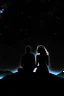 Placeholder: black background on a mountaintop with two silhouettes of a fit man and a silhouette of a fit woman sitting close to each other almost touching and looking at the stars