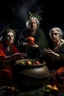 Placeholder: The three witches from macbeth sitting around a streaming cauldron, one dressed as lady macbeth offering a crown, the middle one dressed as a Spanish gypsy offering herself and the last one naked apart from a fig leaf in her lap holding out an apple