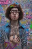 Placeholder: Rapper with glasses on, tattoos and piercings, afro hair and baggy pants. Graffiti wall in background