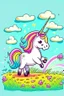 Placeholder: kids illustration, a cute unicorn playing in field, cartoon style, thick line, low details, vivid color