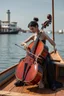 Placeholder: The whole body of Maniquí de glassy Artist mader playing the cello on boat