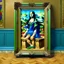 Placeholder: A painting of Mona Lisa on the wall, the frame with shorts and Crocs attached to her human legs