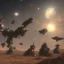 Placeholder: Armored Core fly in the sky in the desert with beside the ocean where you can see the space in the sky with twilight on the horizon, 4k resolution