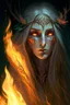 Placeholder: Female eladrin druid. Makes fire with her hands. Fire abilities. Long hair with fire texture. Eyes with fire reflection. A scar over left eye.