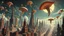 Placeholder: a stunningly weird image of a futuristic metropolis using Salvador Dali's paranoiac-critical method, where buildings and structures appear to melt into the skyline like melting ink. The cityscape is filled with floating medusas and mad, twisted shapes that interact with the buildings and each other, forming a surreal tableau of a dreamlike reality. Capture the essence of the scene in a cinematic manner, with dramatic shadows and vibrant colors that enhance the distorted perspectives and bizarre