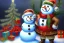 Placeholder: Impressionism, Romanticism, acrylic paint, pastel colors, 1 snowman, christmas tree, christmas lights, wreath, presents,