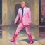 Placeholder: [Kupka] Donald Trump in a pink battlesuit pink gloves and pink high heel boots. The Ministry of Silly Walks.