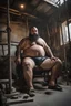 Placeholder: close up shot photography of a 39-year-old turkish chubby heavyset tattoo very hairy sweaty worker sitting spread-legged in an old armchair inside a construction site shed, big shoulders, dressed in bulging shorts, shirtless, stubble, big manly legs, hairy chest, serious eyes, midnight, dim neon lights illuminating and shine on the beards of sweat that fill his large chest, photorealistic , ambient occlusion